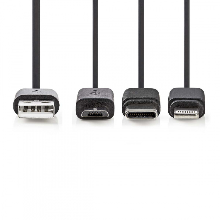 Nedis 3 i en kabel | USB 2.0 | USB-A Han | Apple Lightning 8-Pinners / USB Micro-B Han / USB-C™ Hann | 480 Mbps | 1.00 m | Nikkel belagt | Rund | PVC | Sort | Label