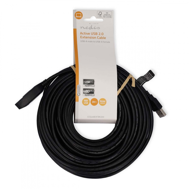 Nedis Aktiv USB-kabel | USB 2.0 | USB-A Han | USB-A Hun | 480 Mbps | 20.0 m | Rund | Nikkel belagt | PVC | Kobber | Label Nedis Aktiv USB-kabel | USB 2.0 | USB-A Han | USB-A Hun | 480 Mbps | 20.0 m | Rund | Nikkel belagt | PVC | Kobber | Label