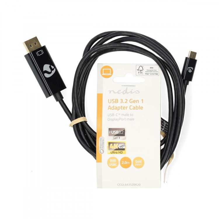 Nedis USB-C™ Adapter | USB 3.2 Gen 1 | USB-C™ Hann | DisplayPort Han | 4K@60Hz | 2.00 m | Rund | Gull belagt | PVC | Sort | Label Nedis USB-C™ Adapter | USB 3.2 Gen 1 | USB-C™ Hann | DisplayPort Han | 4K@60Hz | 2.00 m | Rund | Gull belagt | PVC | Sort | Label