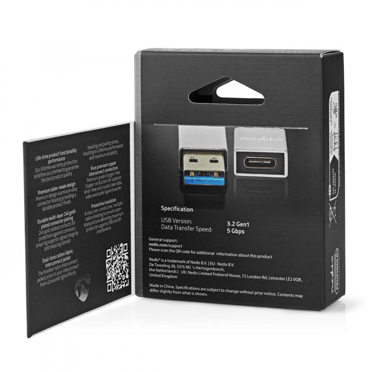 Nedis USB-A Adapter | USB 3.2 Gen 1 | USB-A Han | USB-C™ Hunn | 5 Gbps | Rund | Nikkel belagt | Sølv | Deksel Vindusboks