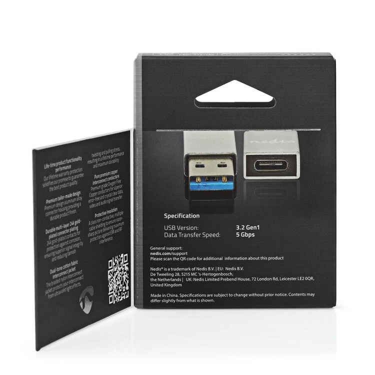 Nedis USB-A Adapter | USB 3.2 Gen 1 | USB-A Han | USB-C™ Hunn | 5 Gbps | Rund | Nikkel belagt | Sølv | Deksel Vindusboks