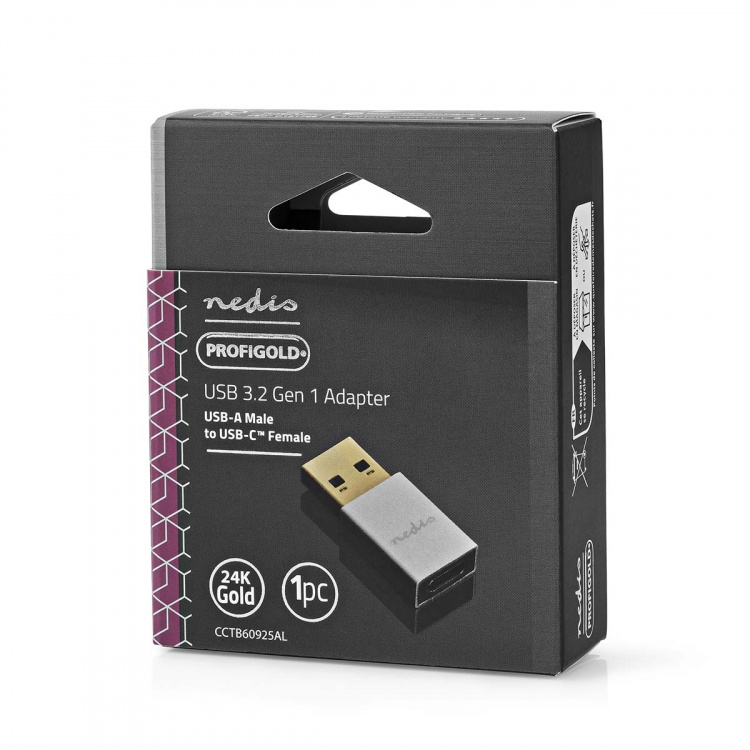 Nedis USB-A Adapter | USB 3.2 Gen 1 | USB-A Han | USB-C™ Hunn | 5 Gbps | Rund | Nikkel belagt | Sølv | Deksel Vindusboks