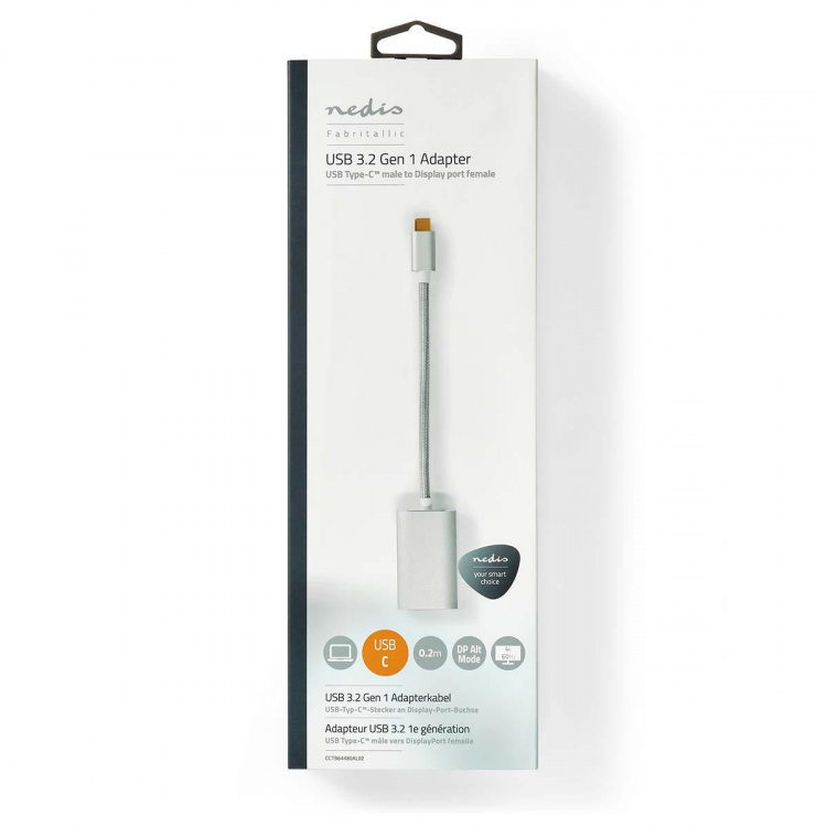 Nedis USB-C™ Adapter | USB 3.2 Gen 1 | USB-C™ Hann | DisplayPort Hun / USB-C™ Hunn | 4K@60Hz | Power delivery | 0.20 m | Rund | Gull belagt | Flettet / Nylon | Sølv | Deksel Vindusboks