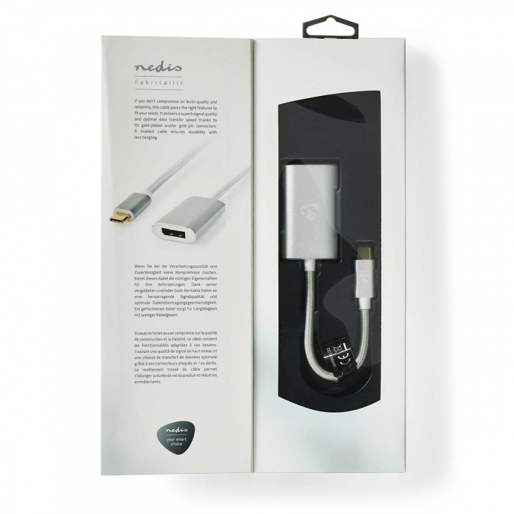 Nedis USB-C™ Adapter | USB 3.2 Gen 1 | USB-C™ Hann | DisplayPort Hun / USB-C™ Hunn | 4K@60Hz | Power delivery | 0.20 m | Rund | Gull belagt | Flettet / Nylon | Sølv | Deksel Vindusboks