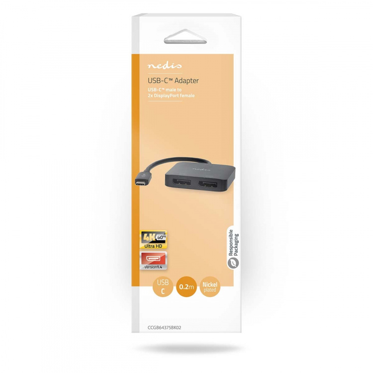 Nedis USB-C™ Adapter | USB 3.2 Gen 1 | USB-C™ Hann | 2x Displayport Female | 4K@60Hz | 0.20 m | Rund | Nikkel belagt | PVC | Sort | Boks Nedis USB-C™ Adapter | USB 3.2 Gen 1 | USB-C™ Hann | 2x Displayport Female | 4K@60Hz | 0.20 m | Rund | Nikkel belagt | PVC | Sort | Boks