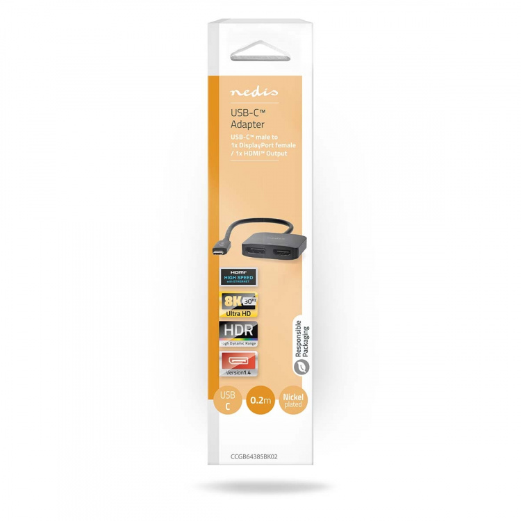 Nedis USB-C™ Adapter | USB 3.2 Gen 1 | USB-C™ Hann | DisplayPort Hun / HDMI™ Output | 8K@30Hz | 0.20 m | Rund | Nikkel belagt | Sort | Boks