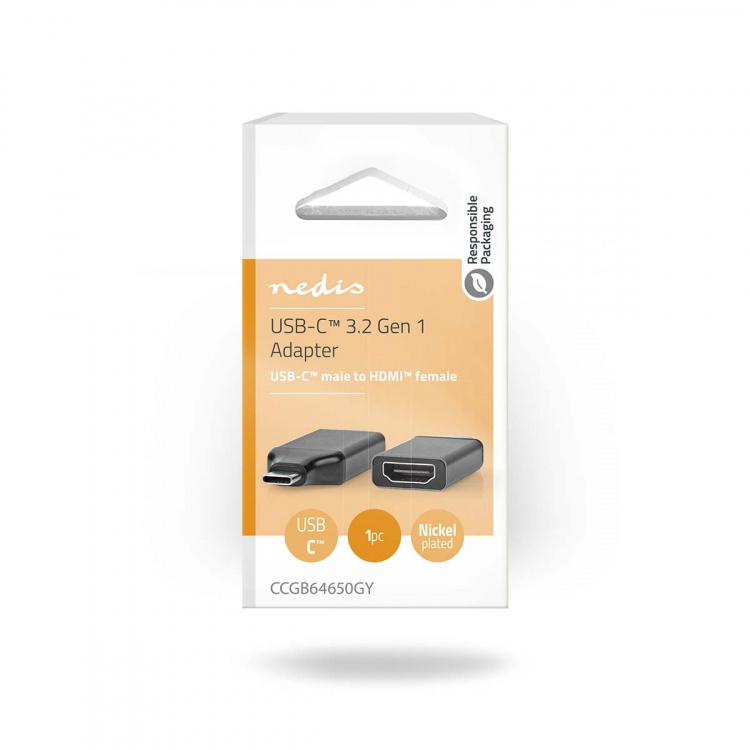 Nedis USB-C™ Adapter | USB 3.2 Gen 1 | USB-C™ Hann | HDMI™ Output | 4K@60Hz | Rund | Nikkel belagt | Grå / Sort | Boks