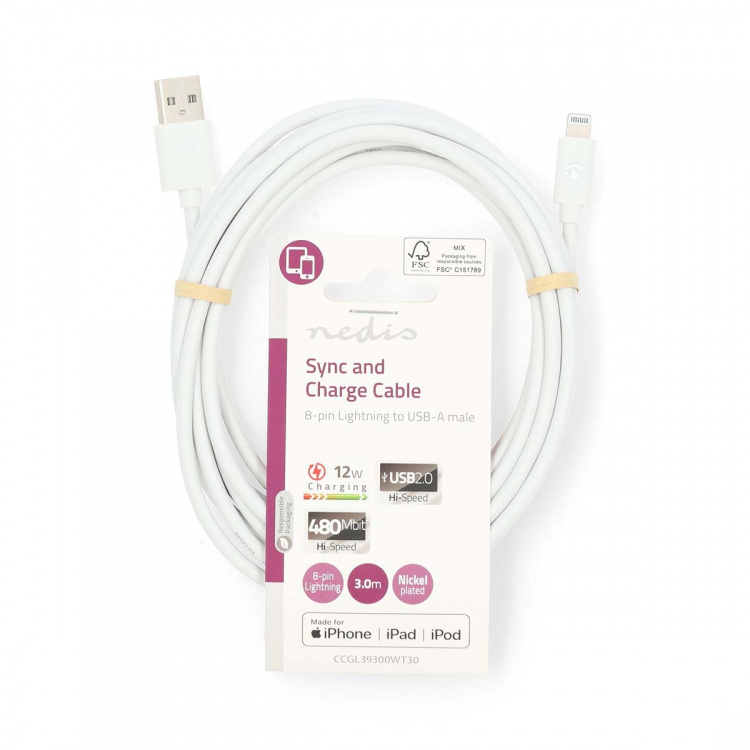 Nedis Lightning Kabel | USB 2.0 | Apple Lightning 8-Pinners | USB-A Han | 480 Mbps | Nikkel belagt | 3.00 m | Rund | PVC | Hvit | Label Nedis Lightning Kabel | USB 2.0 | Apple Lightning 8-Pinners | USB-A Han | 480 Mbps | Nikkel belagt | 3.00 m | Rund | PVC | Hvit | Label