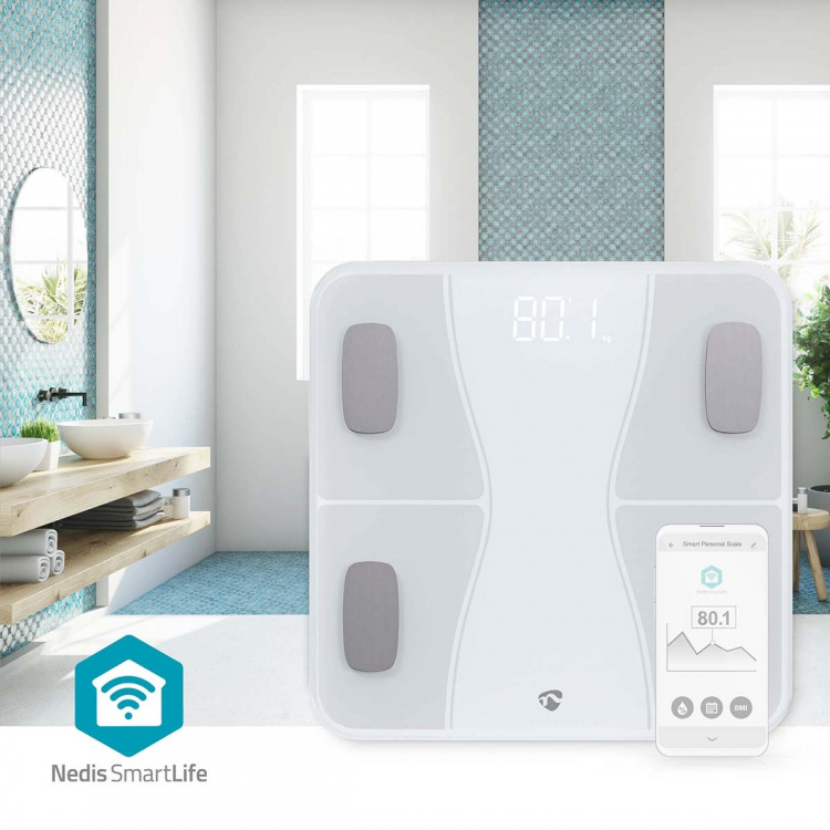 Nedis SmartLife Helse Scales | BMI / BMR / Bones / Fat / Muskler / Vann / Vekt | 12 | Maks. belastning: 180 kg | Android™ / IOS | ABS / Glass | Hvit Nedis SmartLife Helse Scales | BMI / BMR / Bones / Fat / Muskler / Vann / Vekt | 12 | Maks. belastning: 180 kg | Android™ / IOS | ABS / Glass | Hvit