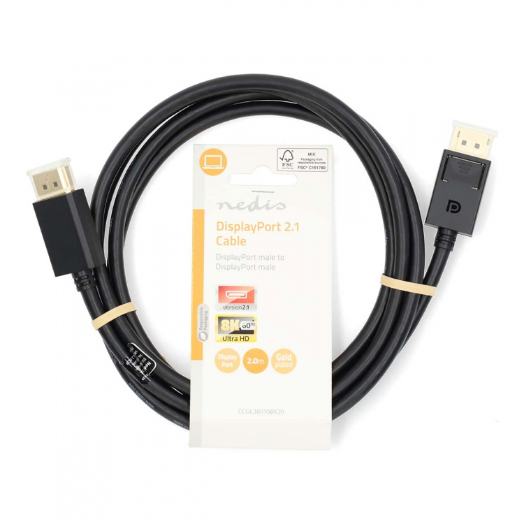 Nedis Displayport-kabel | DisplayPort Han | DisplayPort Han | 8K@60Hz | Gull belagt | 2.00 m | Rund | PVC | Sort | Label