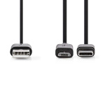 Nedis 2 i en kabel | USB 2.0 | USB-A Han | USB Micro-B Han / USB-C™ Hann | 480 Mbps | 1.00 m | Nikkel belagt | Rund | PVC | Sort | Label