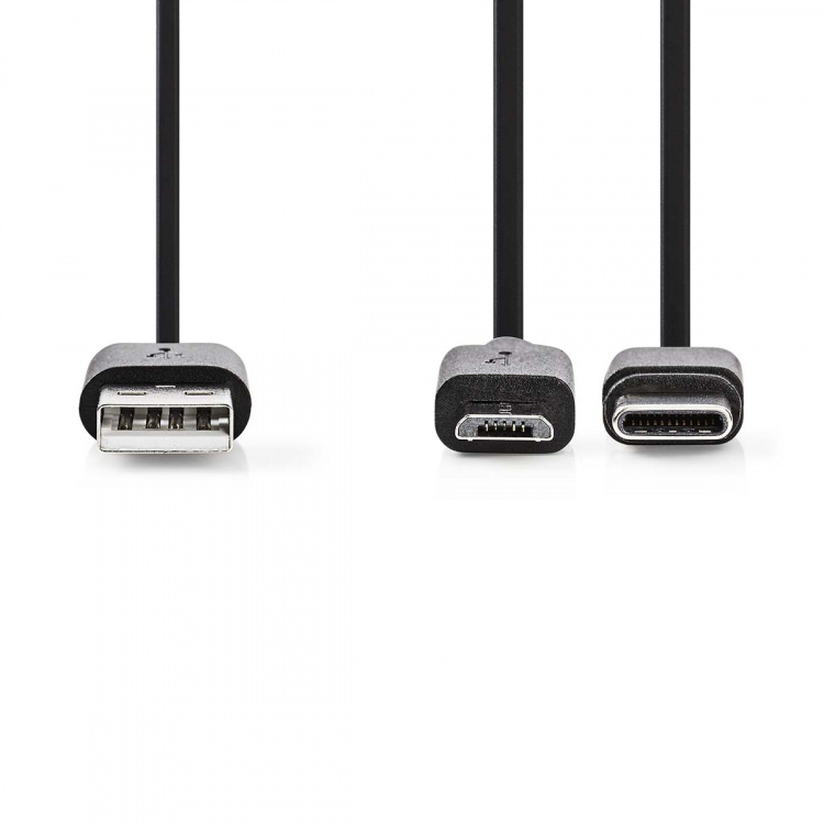 Nedis 2 i en kabel | USB 2.0 | USB-A Han | USB Micro-B Han / USB-C™ Hann | 480 Mbps | 1.00 m | Nikkel belagt | Rund | PVC | Sort | Label