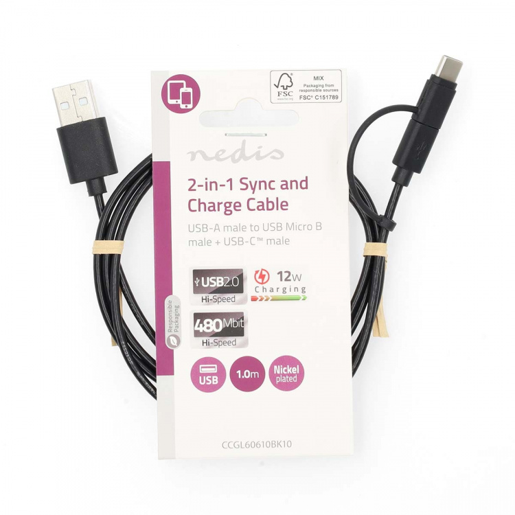 Nedis 2 i en kabel | USB 2.0 | USB-A Han | USB Micro-B Han / USB-C™ Hann | 480 Mbps | 1.00 m | Nikkel belagt | Rund | PVC | Sort | Label