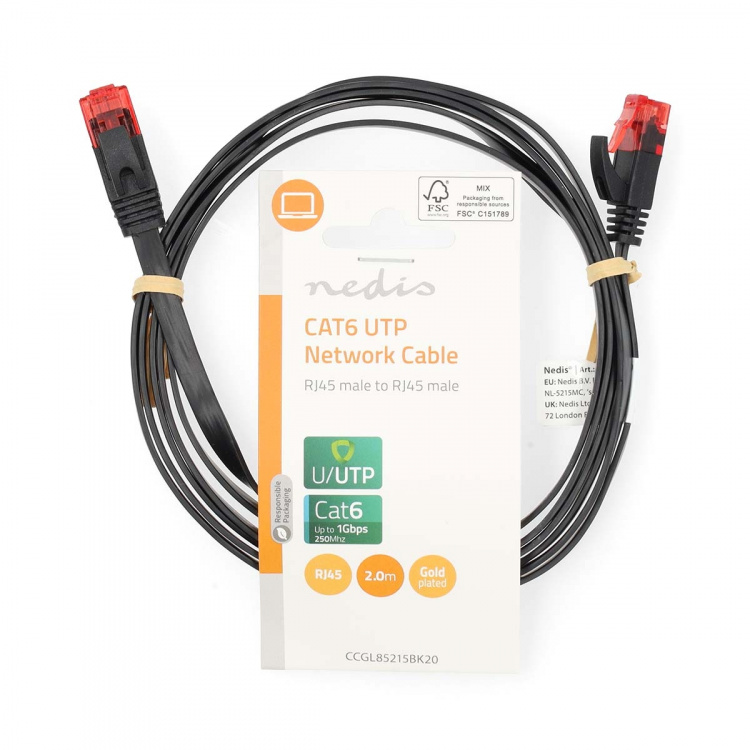 Nedis CAT6 Nettverkskabel | RJ45 Han | RJ45 Han | U/UTP | 2.00 m | Snagless | Flatt | PVC | Sort | Label