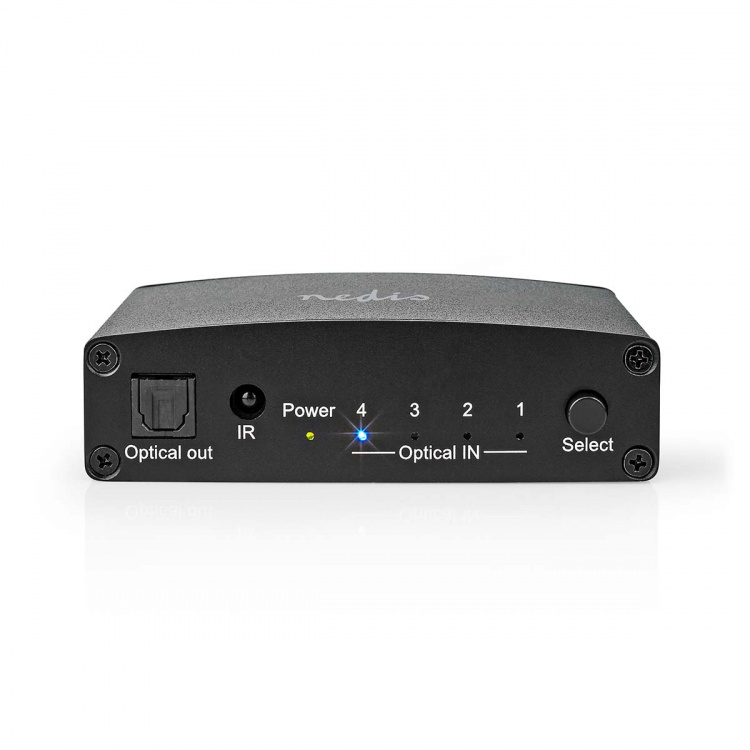 Nedis Digital Audio Switch | 4-veis | Inngang for lyd-/video-/datatilkoblinger: DC Power / 4x TosLink | Utgang for lyd-/video-/datatilkoblinger: TosLink Female | Fjernkontroll / Manuell / Trykk på knappen | Metall | Sort