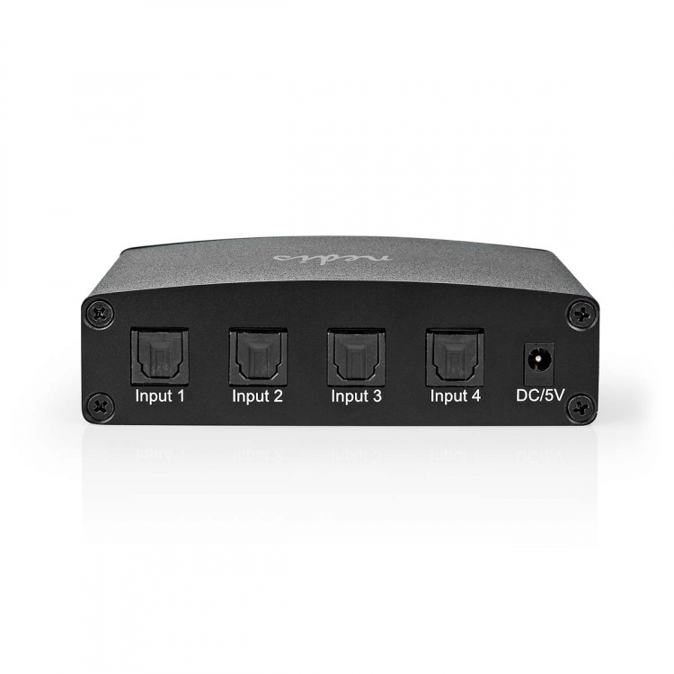 Nedis Digital Audio Switch | 4-veis | Inngang for lyd-/video-/datatilkoblinger: DC Power / 4x TosLink | Utgang for lyd-/video-/datatilkoblinger: TosLink Female | Fjernkontroll / Manuell / Trykk på knappen | Metall | Sort