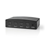 Nedis Digital Audio Switch | 4-veis | Inngang for lyd-/video-/datatilkoblinger: DC Power / 4x TosLink | Utgang for lyd-/video-/datatilkoblinger: TosLink Female | Fjernkontroll / Manuell / Trykk på knappen | Metall | Sort