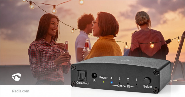 Nedis Digital Audio Switch | 4-veis | Inngang for lyd-/video-/datatilkoblinger: DC Power / 4x TosLink | Utgang for lyd-/video-/datatilkoblinger: TosLink Female | Fjernkontroll / Manuell / Trykk på knappen | Metall | Sort