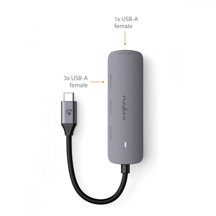 Nedis USB-hub | 1x USB-C™ | 4x USB A Female | 4-Port port(s) | USB 3.2 Gen 1 | USB-Strøm | 5 Gbps Nedis USB-hub | 1x USB-C™ | 4x USB A Female | 4-Port port(s) | USB 3.2 Gen 1 | USB-Strøm | 5 Gbps
