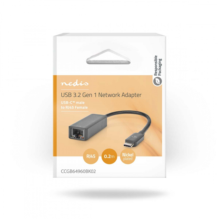 Nedis USB-nettverkskort | USB 3.2 Gen 1 | 2.5 Gbps | USB-C™ Hann | RJ45 Hun | 0.20 m | Rund | Nikkel belagt | Fortinnet Kobber | Sort | Boks