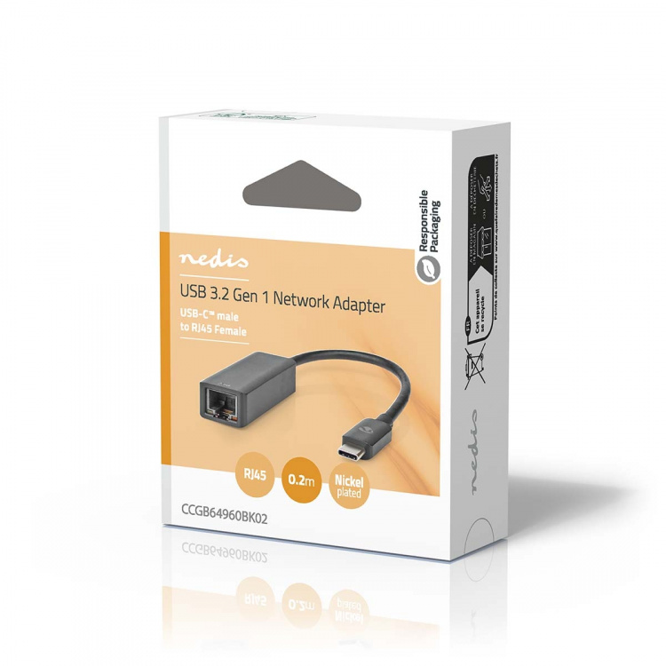 Nedis USB-nettverkskort | USB 3.2 Gen 1 | 2.5 Gbps | USB-C™ Hann | RJ45 Hun | 0.20 m | Rund | Nikkel belagt | Fortinnet Kobber | Sort | Boks