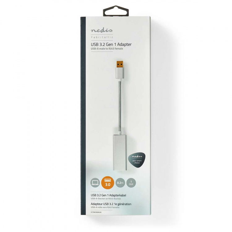 Nedis USB-nettverkskort | USB 3.2 Gen 1 | 1 Gbps | USB-A Han | RJ45 Hun | 0.20 m | Rund | Gull belagt | Bare kobber | Sølv | Deksel Vindusboks