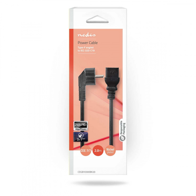Nedis Strømkabel | Jordet kontakt han | IEC-320-C19 | Vinklet | Rett | Nikkel belagt | 2.00 m | Rund | PVC | Sort | Boks