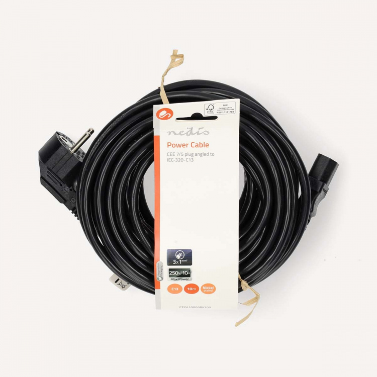 Nedis Strømkabel | Jordet kontakt han | IEC-320-C13 | Vinklet | Rett | Nikkel belagt | 10.0 m | Rund | PVC | Sort | Label