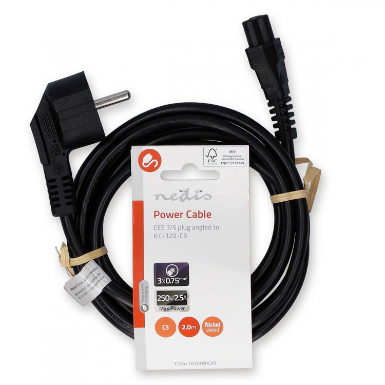 Nedis Strømkabel | Jordet kontakt han | IEC-320-C5 | Vinklet | Rett | Nikkel belagt | 2.00 m | Rund | PVC | Sort | Label
