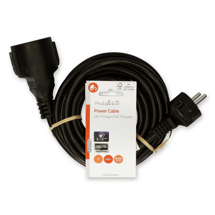 Nedis Strømkabel | Jordet kontakt han | Jordet kontakt hun | Rett | Rett | Nikkel belagt | 5.00 m | Rund | PVC | Sort | Label Nedis Strømkabel | Jordet kontakt han | Jordet kontakt hun | Rett | Rett | Nikkel belagt | 5.00 m | Rund | PVC | Sort | Label