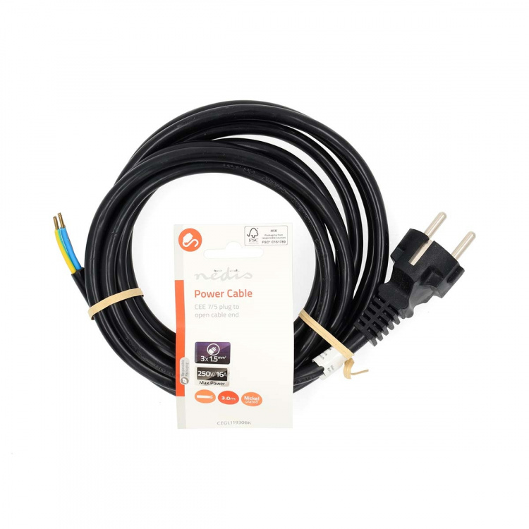 Nedis Strømkabel | Jordet kontakt han | Open | Rett | Rett | Nikkel belagt | 3.00 m | Rund | PVC | Sort | Label Nedis Strømkabel | Jordet kontakt han | Open | Rett | Rett | Nikkel belagt | 3.00 m | Rund | PVC | Sort | Label