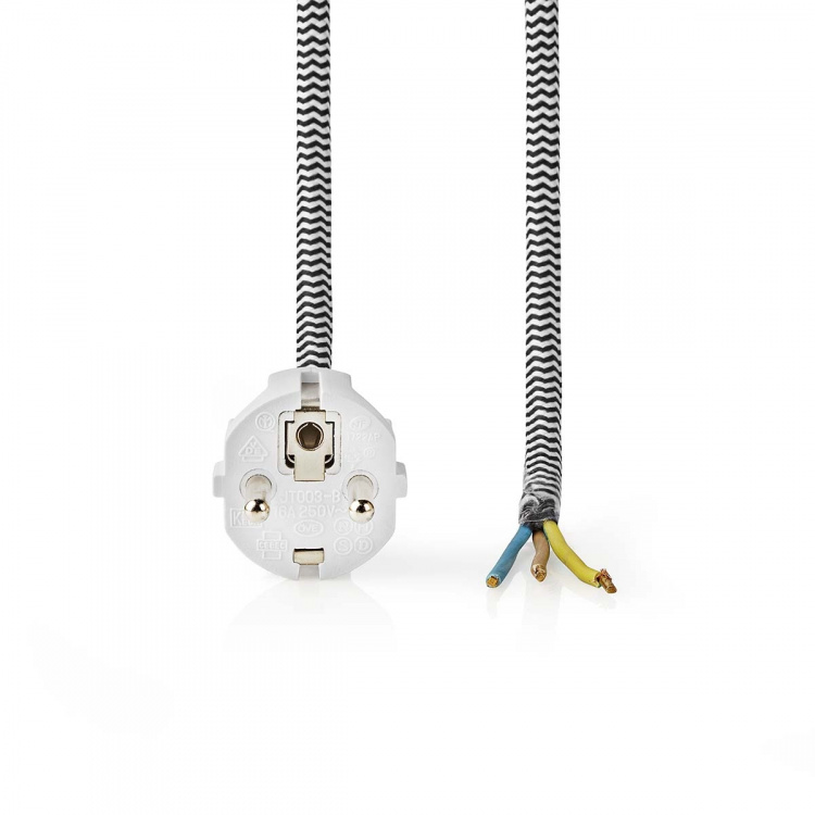 Nedis Strømkabel | Jordet kontakt han | Open | Rett | Rett | Nikkel belagt | 3.00 m | Rund | Bomull | Hvit | Label