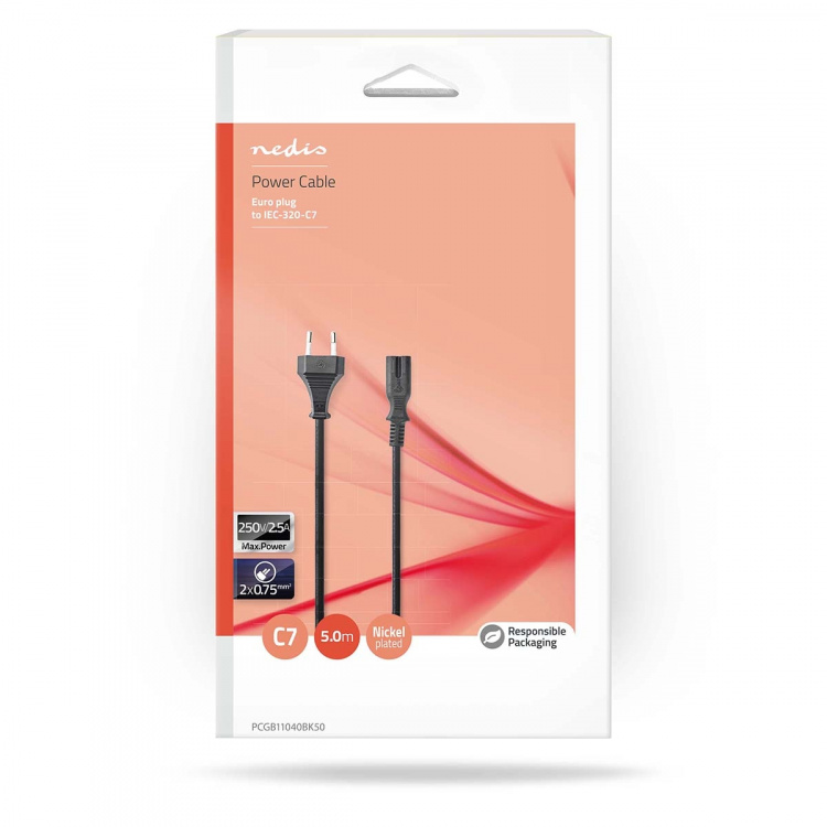 Nedis Strømkabel | Euro Hann | IEC-320-C7 | Rett | Rett | Nikkel belagt | 5.00 m | Rund | PVC | Sort | Boks Nedis Strømkabel | Euro Hann | IEC-320-C7 | Rett | Rett | Nikkel belagt | 5.00 m | Rund | PVC | Sort | Boks