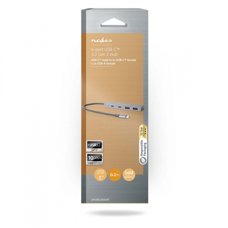 Nedis USB-hub | 1x USB-C™ 3.2 Gen 2 Male | 2x USB-A 3.2 Gen 2 Female / 2x USB-C™ 3.2 Gen 2 Female | 4-Port port(s) | USB 3.2 Gen 2 | USB-Strøm | 10 Gbps