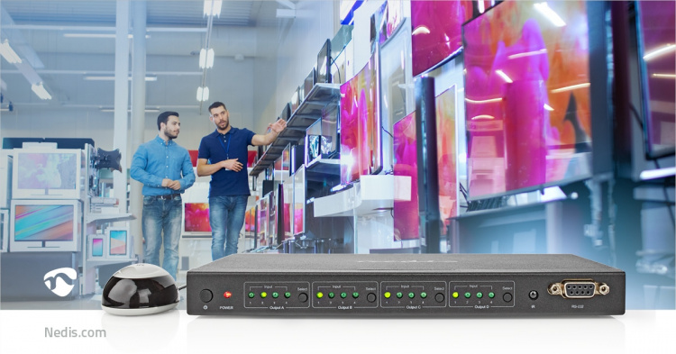 Nedis HDMI ™ Matrix Switch | 4 stk. 4-porters port(s) | DC Power / 1x RS232 / 4x HDMI™ Input | 4x HDMI™ Output | 4K@60Hz | 18 Gbps | Fjernstyrtkontrolert | Metall | Sort