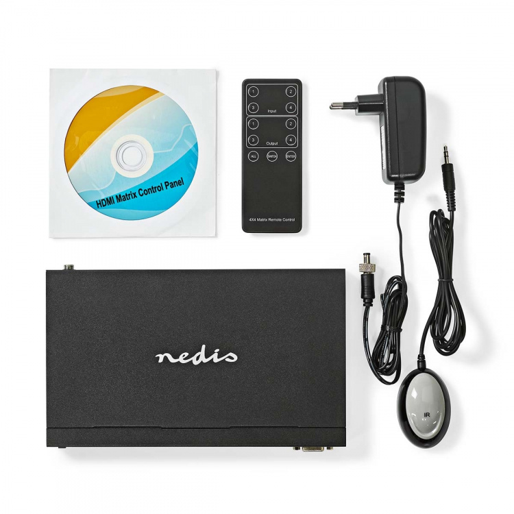 Nedis HDMI ™ Matrix Switch | 4 stk. 4-porters port(s) | DC Power / 1x RS232 / 4x HDMI™ Input | 4x HDMI™ Output | 4K@60Hz | 18 Gbps | Fjernstyrtkontrolert | Metall | Sort