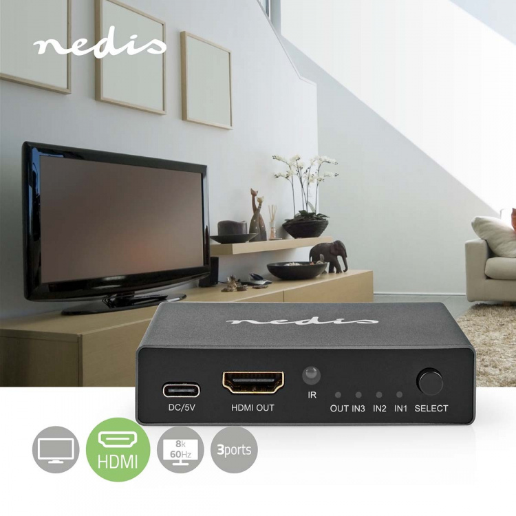 Nedis HDMI ™ Switch | 3-Port port(s) | 3x HDMI™ Input | 1x HDMI™ Output | 8K@60Hz | 45 Gbps | Fjernstyrtkontrolert | Aluminium | Antrasitt Nedis HDMI ™ Switch | 3-Port port(s) | 3x HDMI™ Input | 1x HDMI™ Output | 8K@60Hz | 45 Gbps | Fjernstyrtkontrolert | Aluminium | Antrasitt