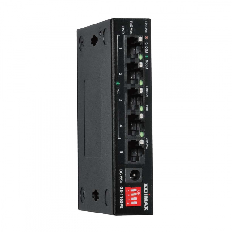 Edimax Lang rekkevidde 5-port Gigabit PoE+-bryter med 4 PoE+-porter og DIP-bryter