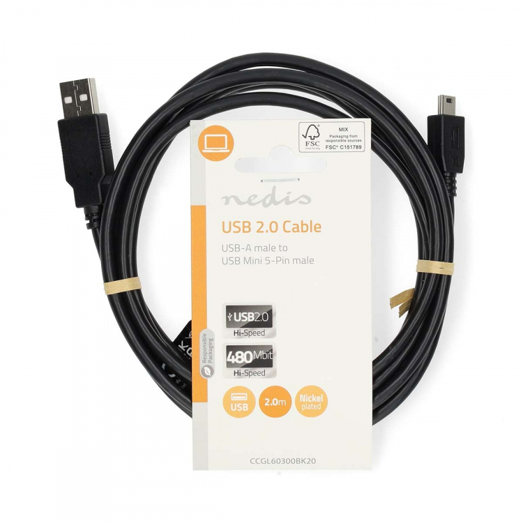 Nedis USB-kabel | USB 2.0 | USB-A Han | USB Mini-B 5 pins Han | 480 Mbps | Nikkel belagt | 2.00 m | Rund | PVC | Sort | Label