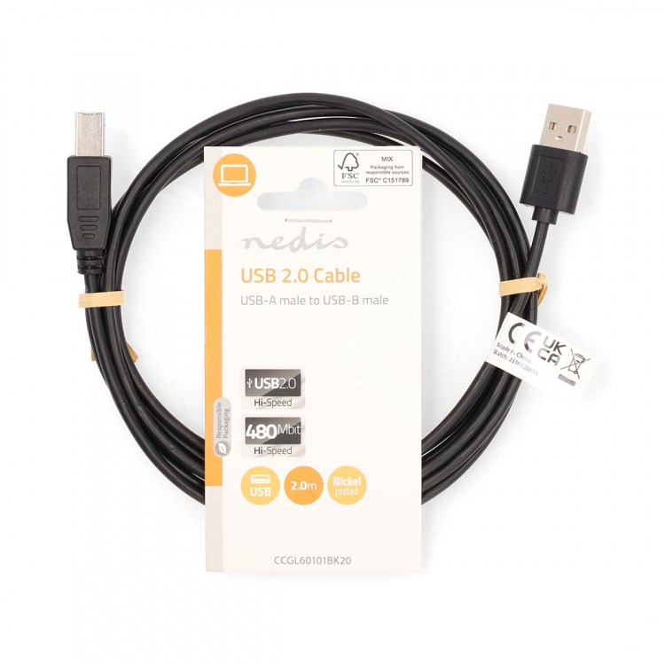 Nedis USB-kabel | USB 2.0 | USB-A Han | USB-B Han | 480 Mbps | Nikkel belagt | 2.00 m | Rund | PVC | Sort | Label Nedis USB-kabel | USB 2.0 | USB-A Han | USB-B Han | 480 Mbps | Nikkel belagt | 2.00 m | Rund | PVC | Sort | Label