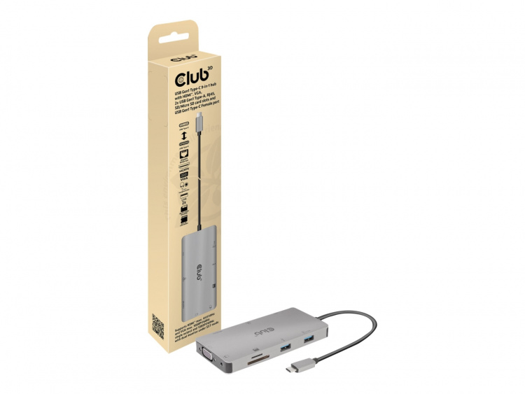 Club 3D USB Gen1 Type-C 9-i-1-hub med dokkingstasjon Club 3D USB Gen1 Type-C 9-i-1-hub med dokkingstasjon