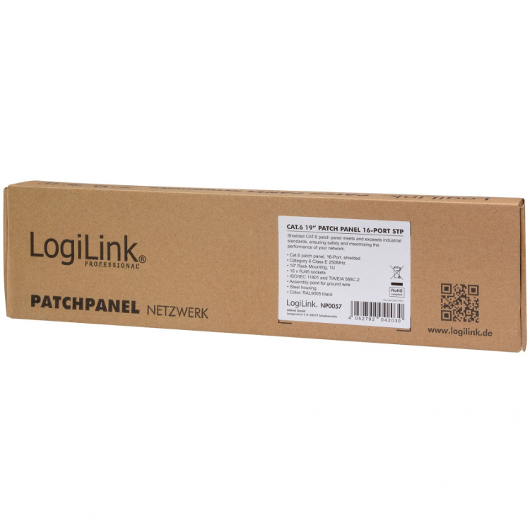 LogiLink Patchpanel 16-port Cat6 for 19-tommers rack U1 Svart