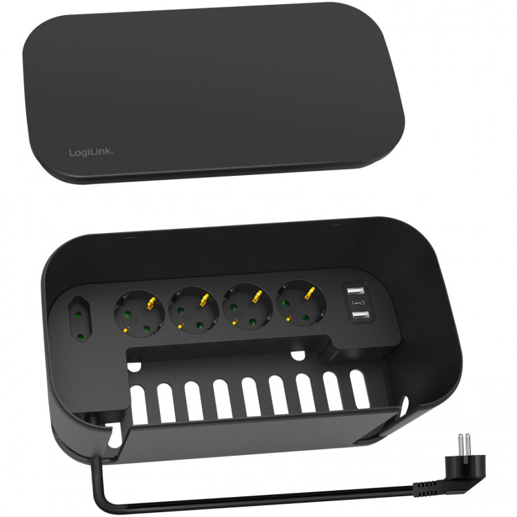 LogiLink Kabelboks - Kabelboks med strømskinne + USB-A/USB-C-lading Svart