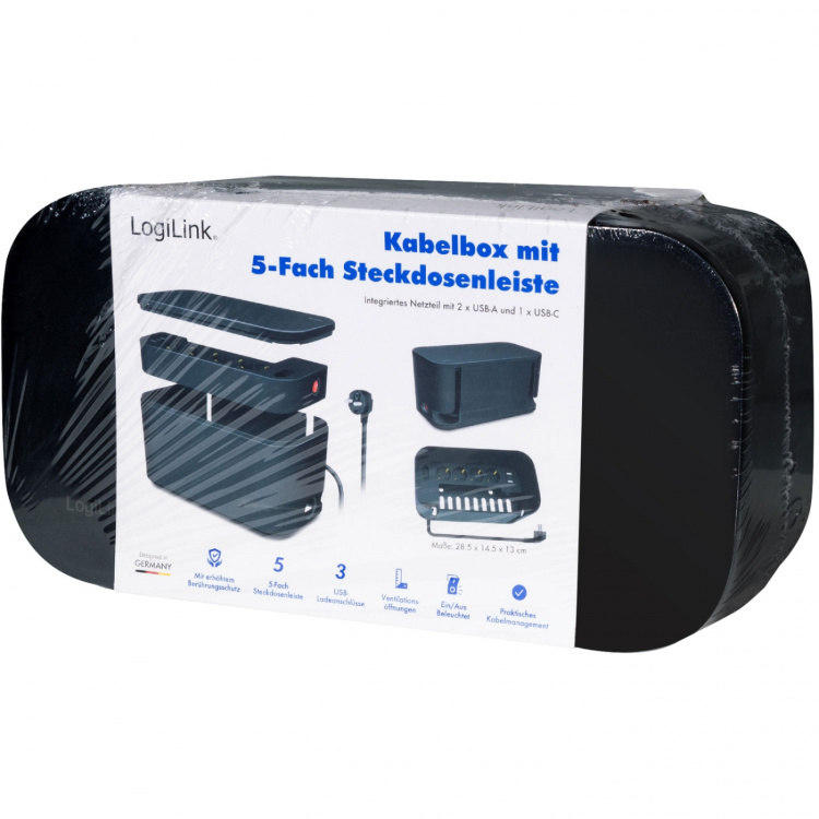 LogiLink Kabelboks - Kabelboks med strømskinne + USB-A/USB-C-lading Svart
