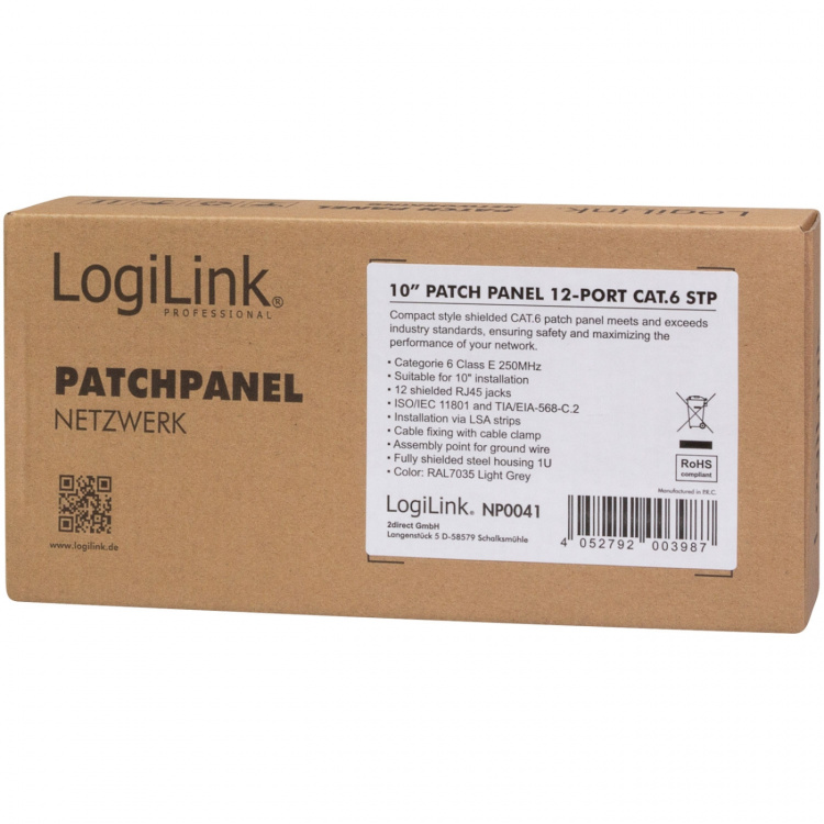 LogiLink Patchpanel 12-port Cat6 for 10-tommers rack U1 grå