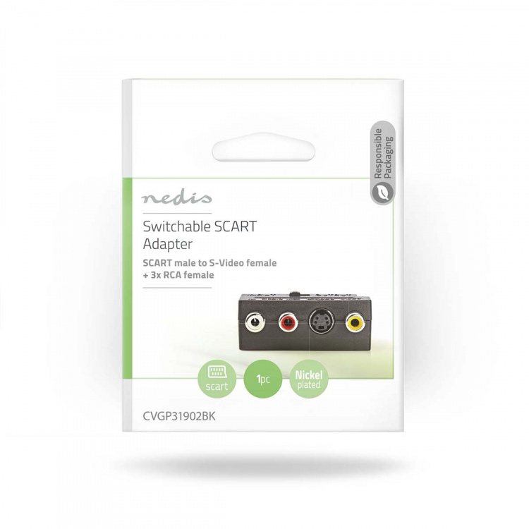 Nedis SCART-adapter | SCART Hann | S-Video Female / 3x RCA Hunn | Nikkel belagt | Kan Veksles | ABS | Sort | 1 stk. | Konvolutt