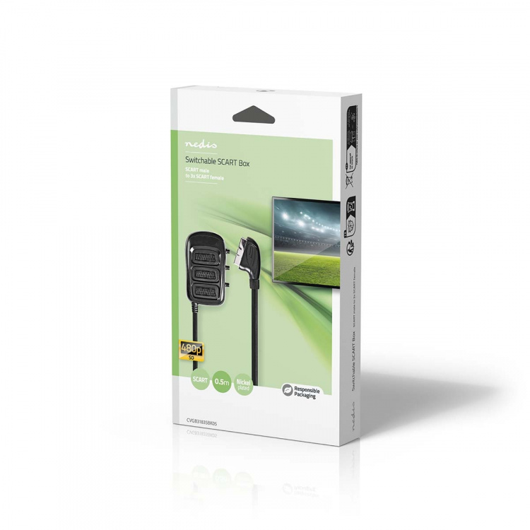 Nedis SCART Bryter | SCART Hann | 3x SCART Hunn | Nikkel belagt | Maksimum oppløsning: 800x480 | 0.50 m | Rund | PVC | Sort | Boks