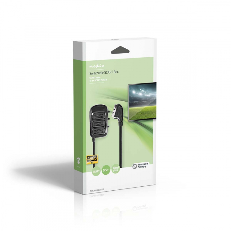 Nedis SCART Bryter | SCART Hann | 3x SCART Hunn | Nikkel belagt | Maksimum oppløsning: 800x480 | 0.50 m | Rund | PVC | Sort | Boks