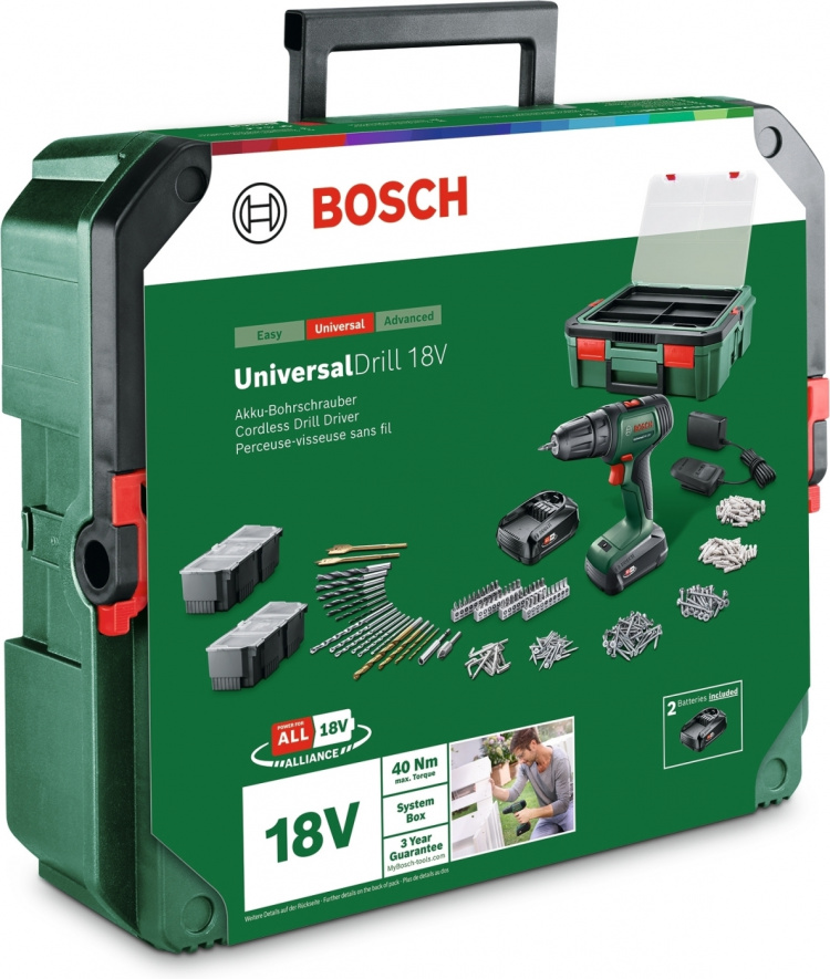 Bosch UniversalDrill 18V + SystemBox 241 batteridrevet drill + tilbehørssett