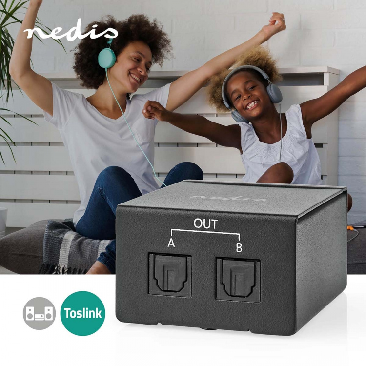 Nedis TosLink Splitter | 2-veis | Inngang for lyd-/video-/datatilkoblinger: TosLink Female | Utgang for lyd-/video-/datatilkoblinger: 2x TosLink | Trykk på knappen | Metall | Sort